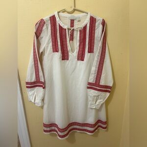 Folk boho Greek dress/top with red embroidery. Lined. Cotton. Made by Hinge.
